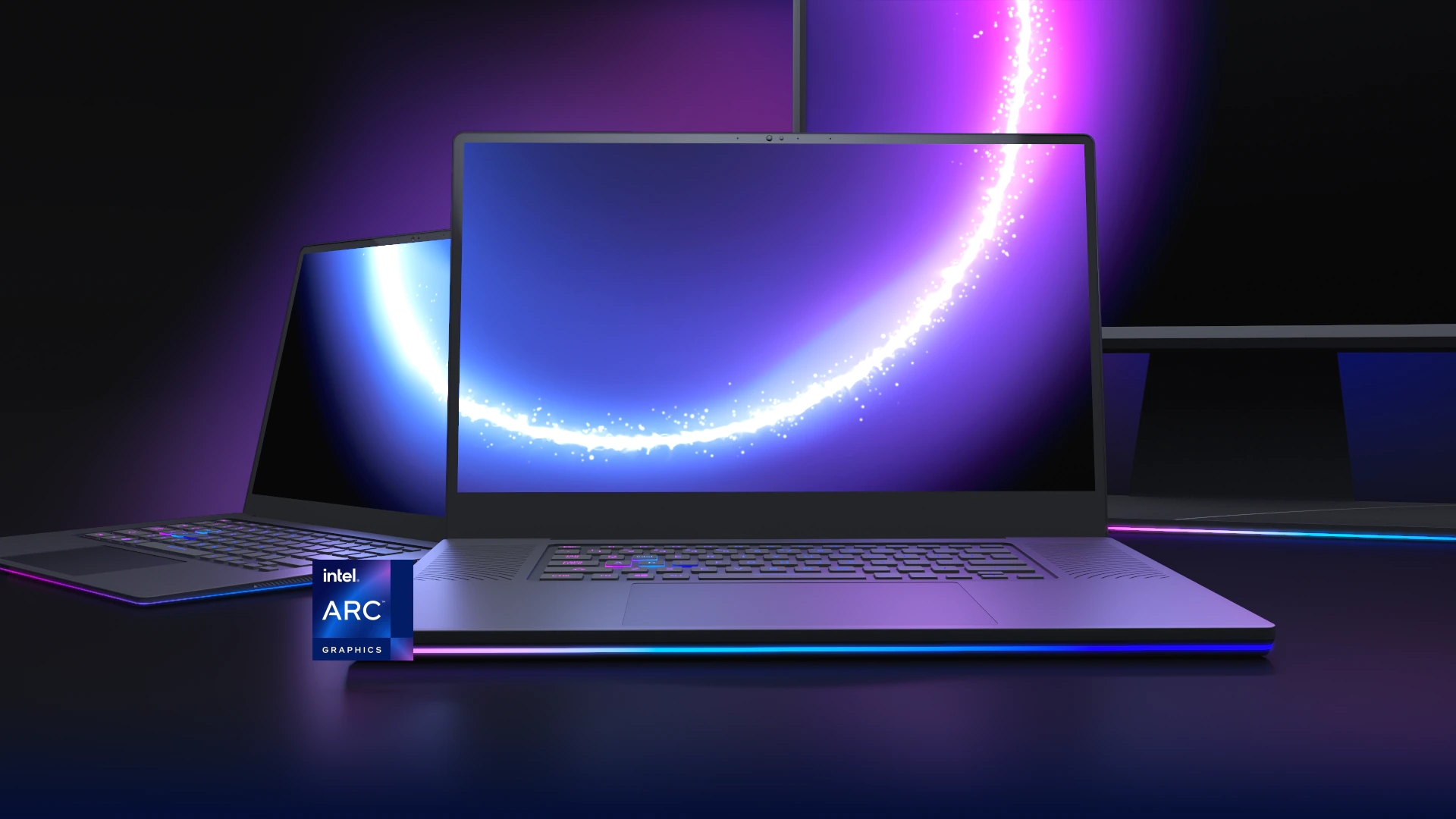 Um laptop Intel Arc Alchemist com o logotipo Arc exibido.
