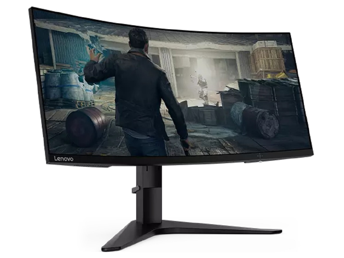 The Lenovo G34w-10 ultra-wide curved gaming monitor, with a video game on the screen.