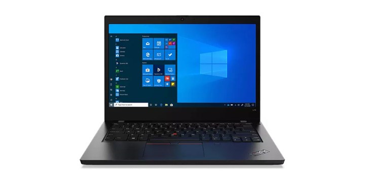 Front view of Lenovo ThinkPad L14 while it displays Windows apps and placed on a white background.