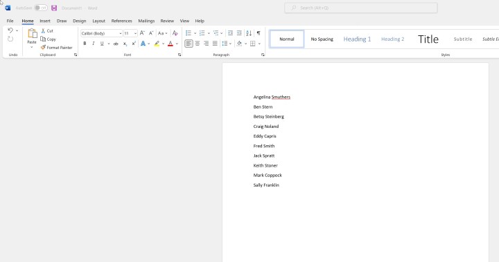列表 在 Microsoft Word 中按名字排序。