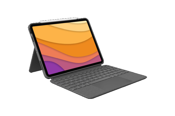 Backlit Logitech Combo Touch keyboard case featuring an iPad Air 5 with backlit keys.
