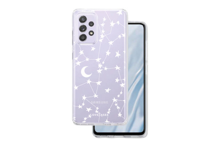 Front and back view of LoveCases clear gel case in White Stars and Moon pattern, showing off the color of the Samsung Galaxy A53.