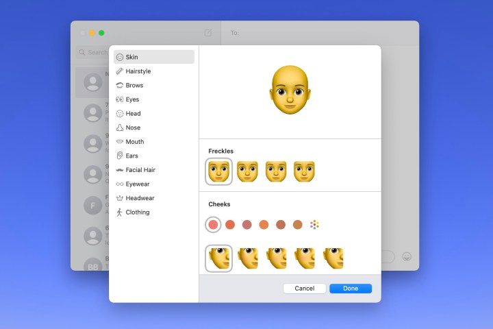 Bildschirm zum Erstellen von Memojis in Nachrichten auf dem Mac.