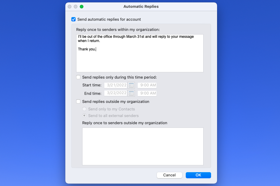 Respostas Automáticas no Outlook no Mac.