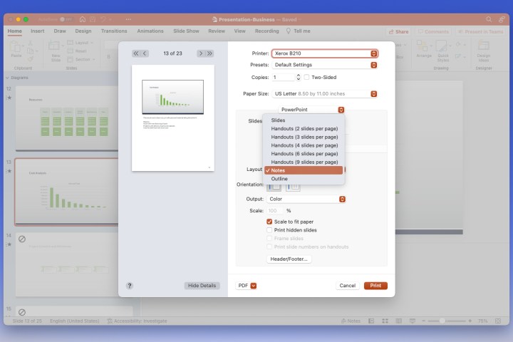 Notes selected to print in PowerPoint.