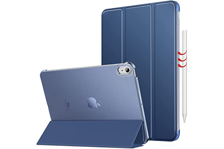 the moko trifold case in blue on the ipad air 5 showing the case folded into a kickstand.