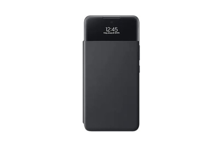 Official Samsung S View Case in black showing the Galaxy A53's notifications on the clear view front cover.