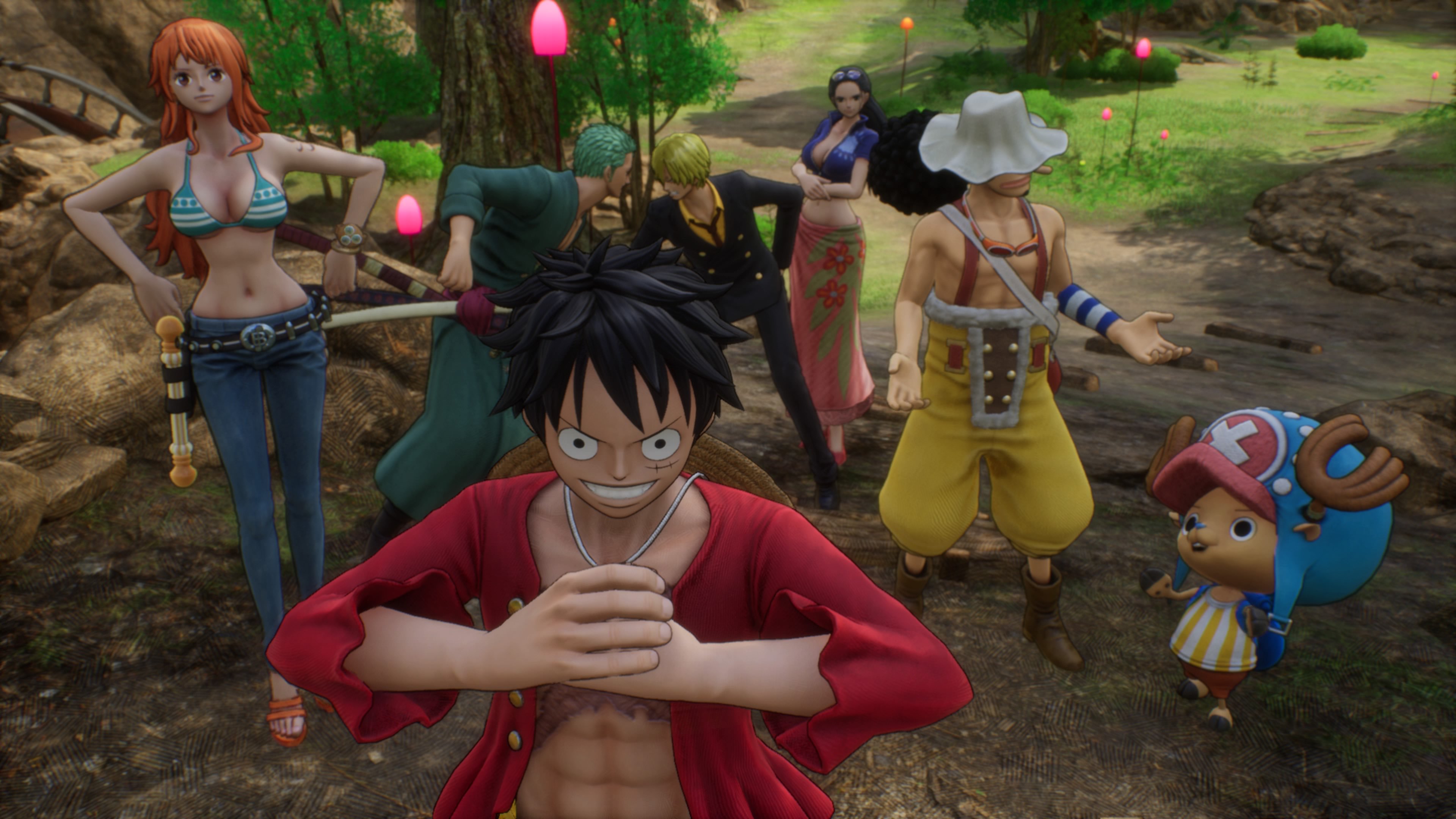 Luffy and the Straw Hat pirates walk through a forest in One Piece Odyssey.