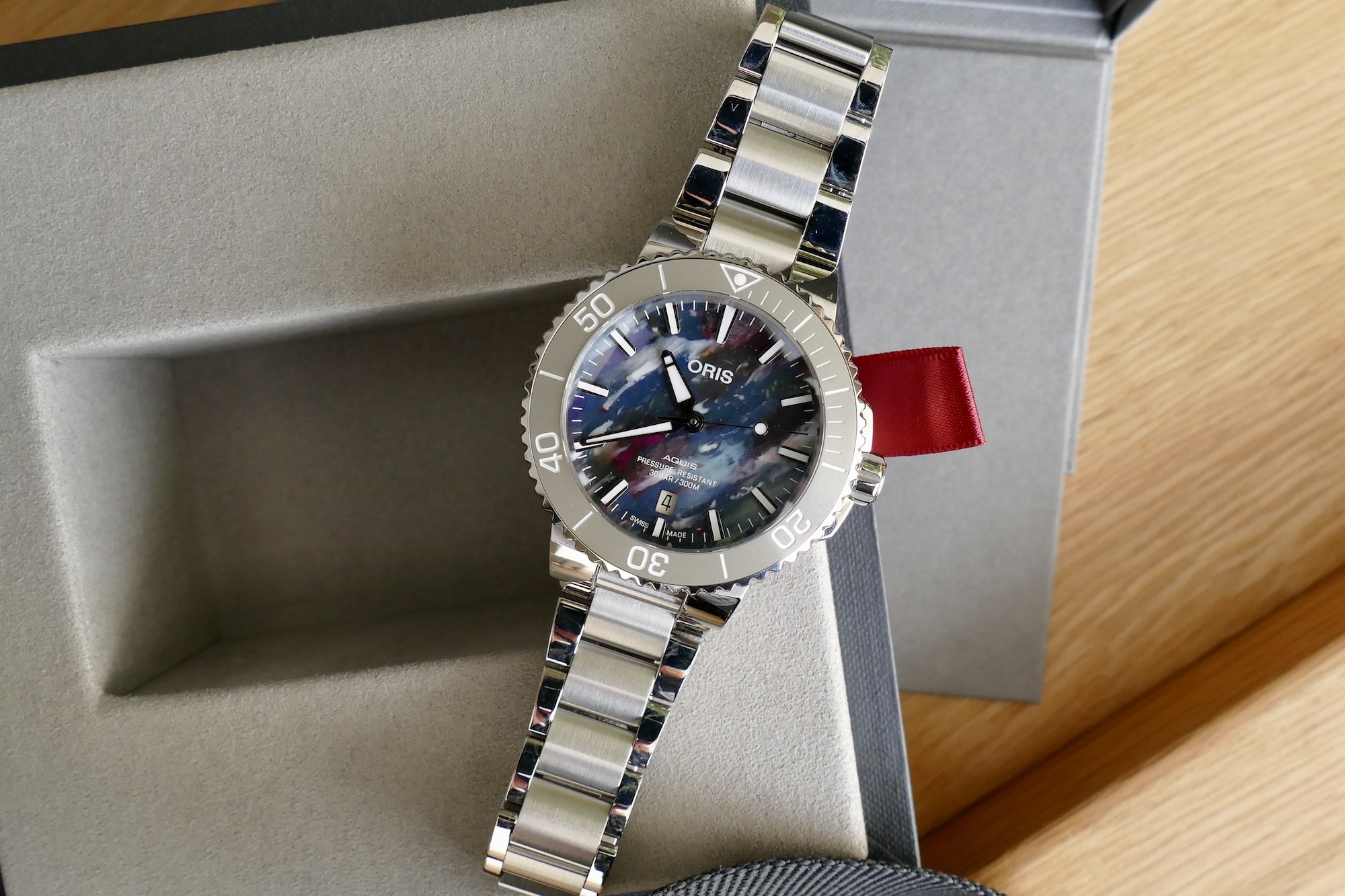 Oris Aquis Date Upcycle on its box.