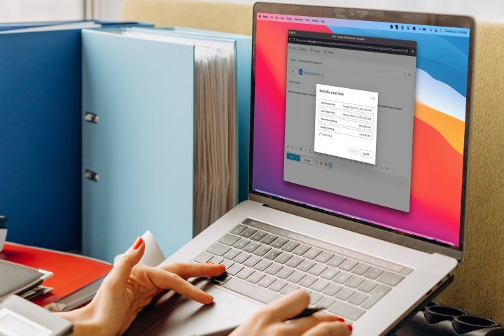 Scheduling an email in Outlook in Firefox on a MacBook.