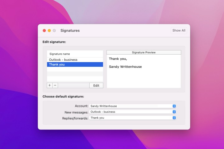 outlook mac select signature