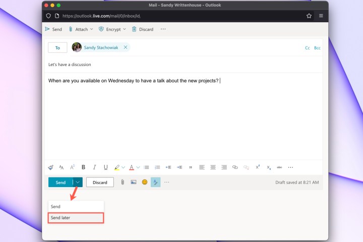 گزینه Send later در Outlook on the web.