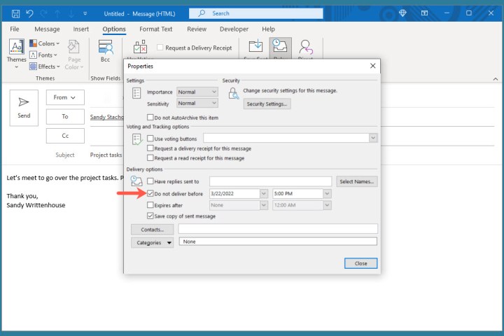 Caixa Propriedades para escolher a data e hora de entrega no Outlook.