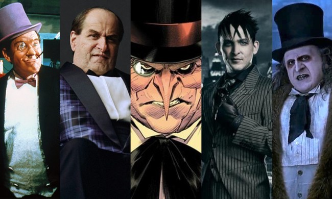Split image of Burgess Meredith, Colin Farrell, DC comic book, Robin Taylor & Danny DeVito as the Penguin.