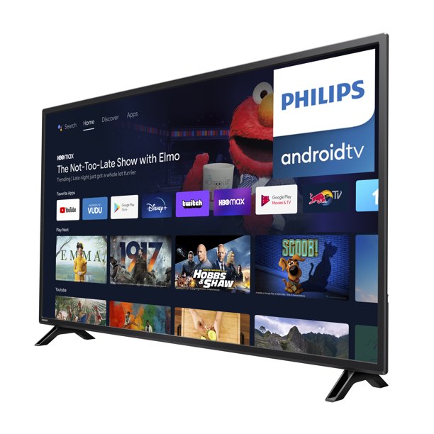 A Smart TV UHD Classe 4K de 55 polegadas da Philips fica em um ângulo.