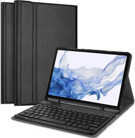 El Samsung Galaxy Tab S8 Plus en el estuche con teclado ProCase en negro, mostrando las líneas ultradelgadas del estuche y el soporte para S-Pen.