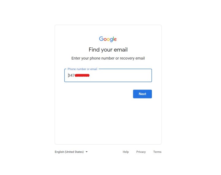 A Gmail account recovery page with a phone number field filled in.