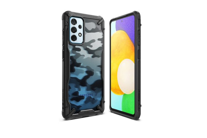 Front and back view of the Ringke Fusion Matte Camo case on the Samsung Galaxy A53, showing off its semi-transparent pattern.