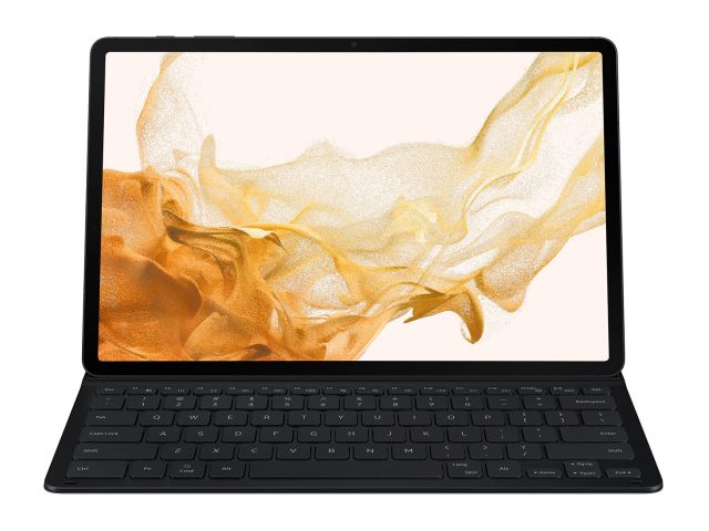 The Samsung Galaxy Tab S8 Plus in the Samsung Book Cover Keyboard Slim.