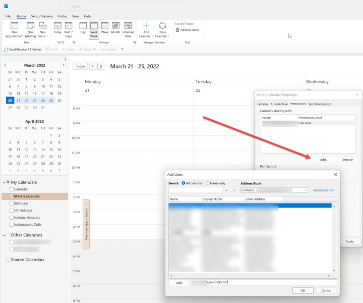 کاربرانی را برای اشتراک گذاری در Microsoft Outlook اضافه کنید.