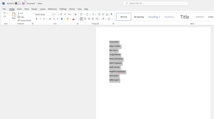 选择 Microsoft Word 中的列表项。