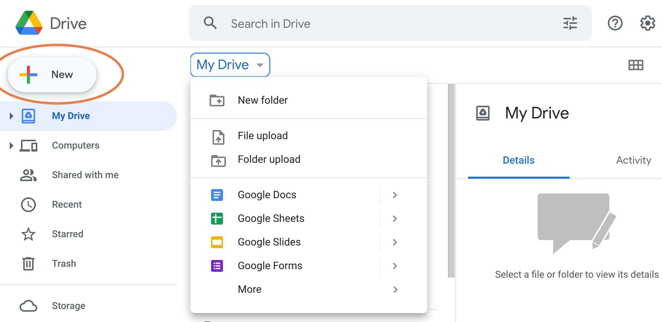 Выберите новый в Google Drive