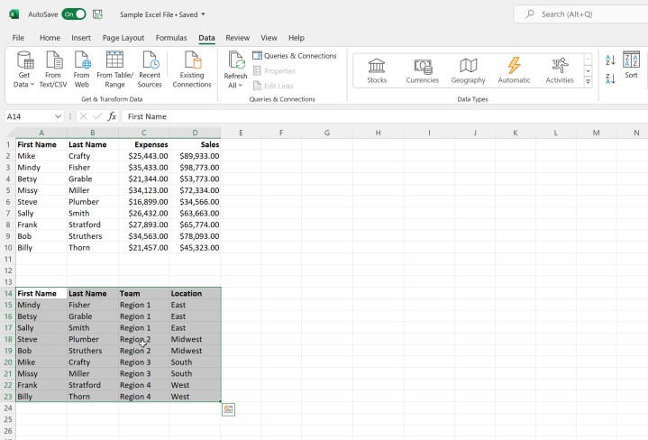 Selecting a tablet in Microsoft Excel.