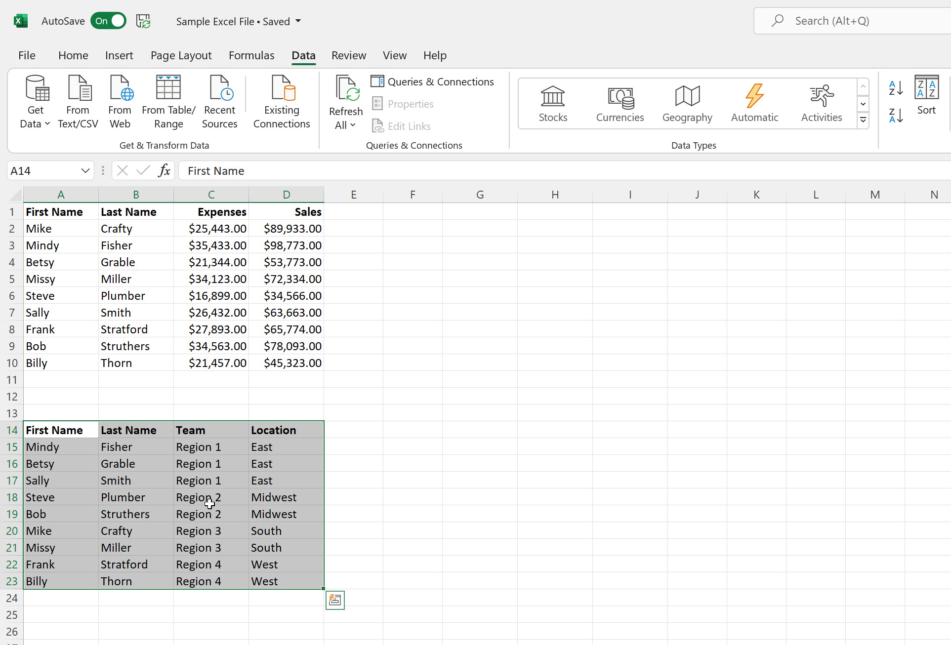 Selezione di un tablet in Microsoft Excel.