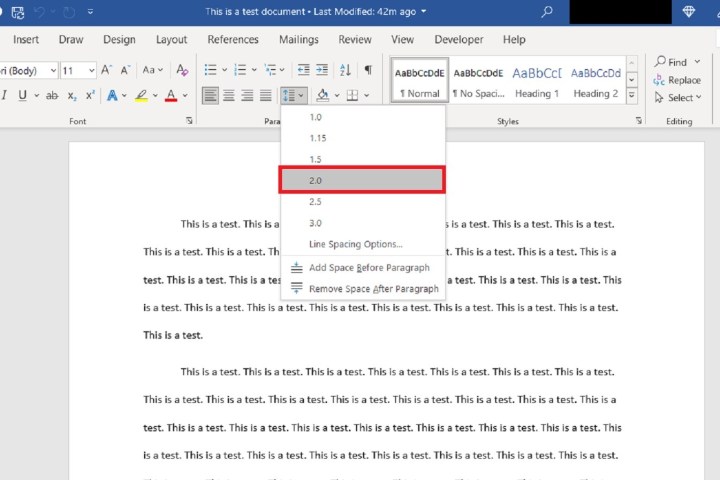 Selecting 2.0 from the line spacing drop down menu in Microsoft Word.