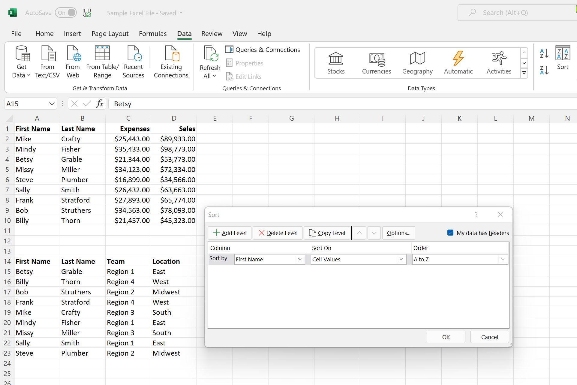 Selezionando una tabella e utilizzando il pulsante Ordina in Microsoft Excel.