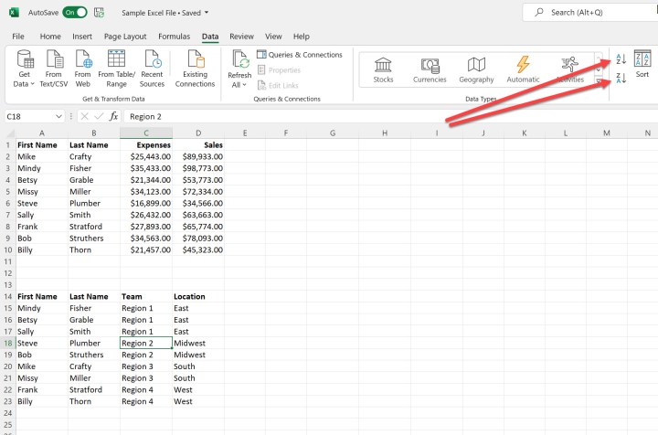 Simplified sort buttons in Microsoft Excel.