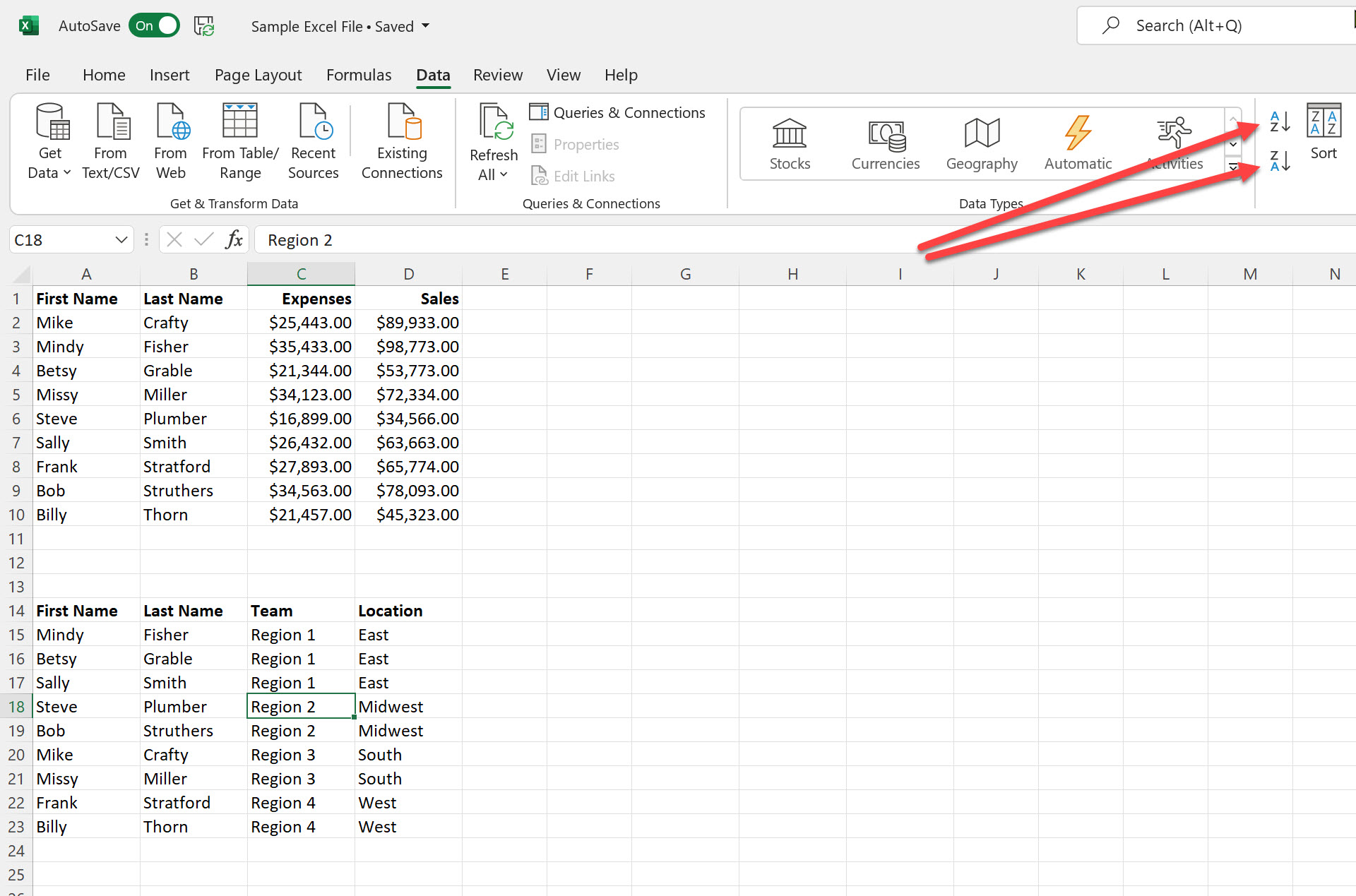 Pulsanti di ordinamento semplificati in Microsoft Excel.