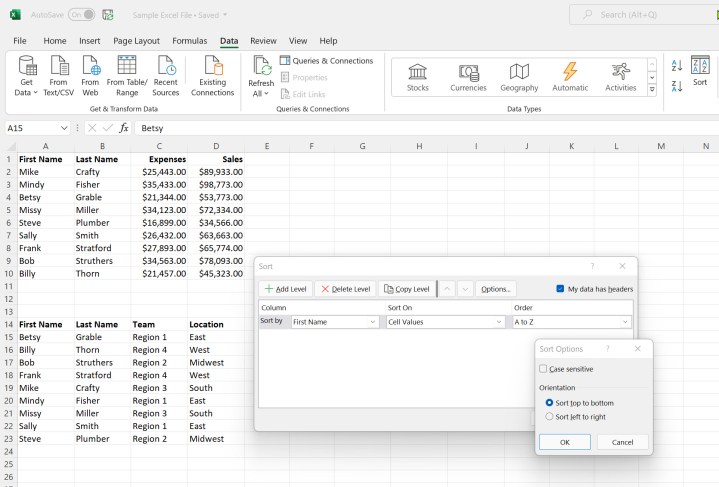 Sort options in Microsoft Excel.