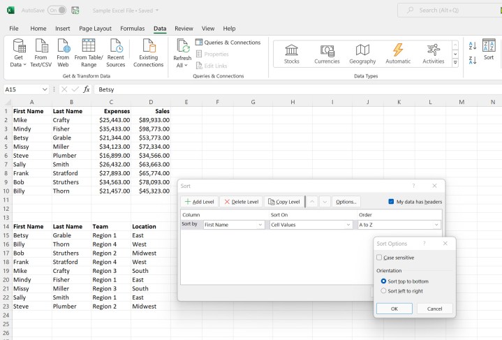 Sortieroptionen in Microsoft Excel.