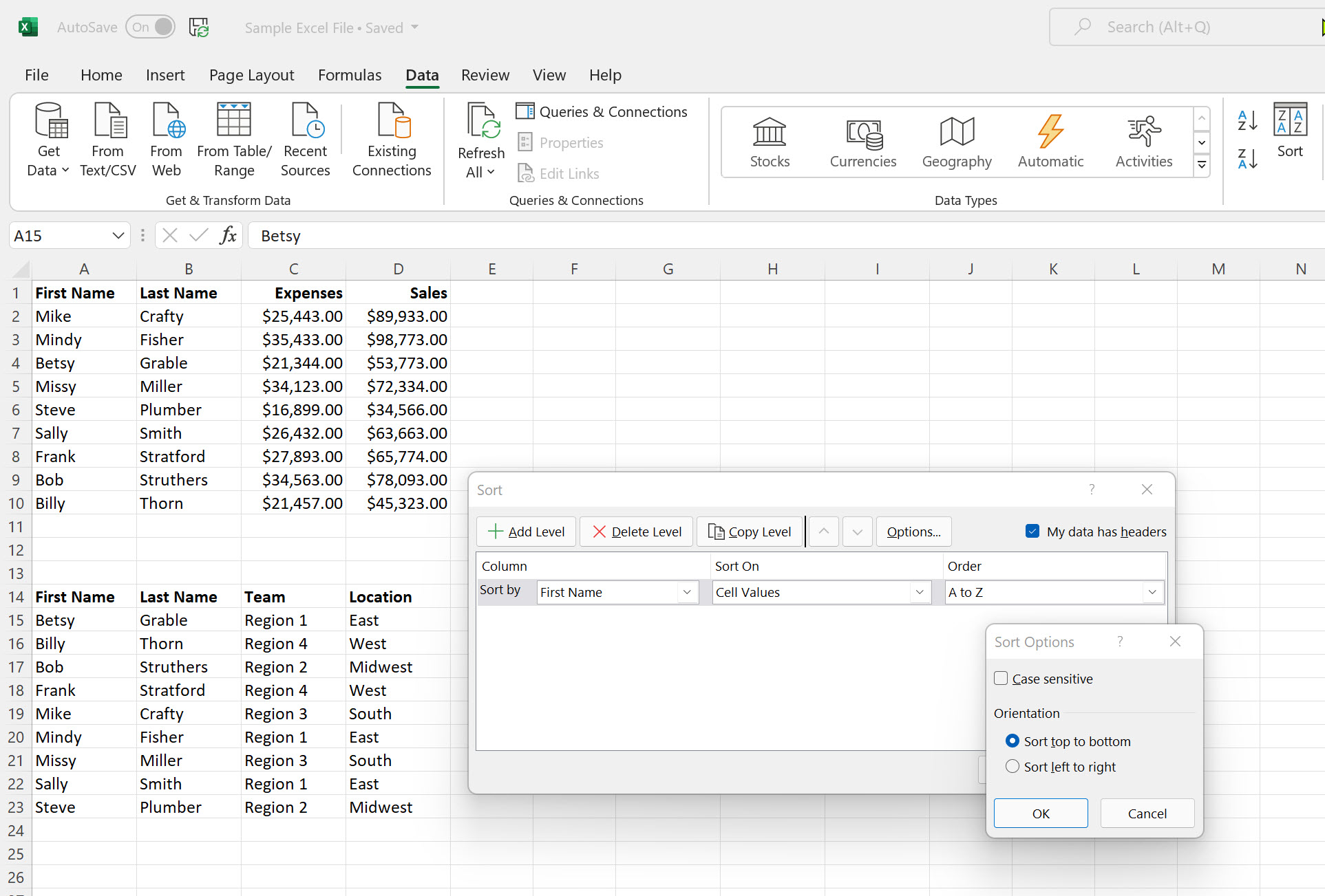 Opzioni di ordinamento in Microsoft Excel.