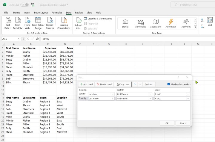Sorting options selected in Microsoft Excel.