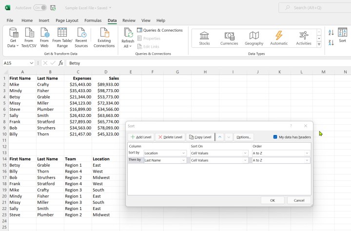 گزینه های مرتب سازی انتخاب شده در Microsoft Excel.