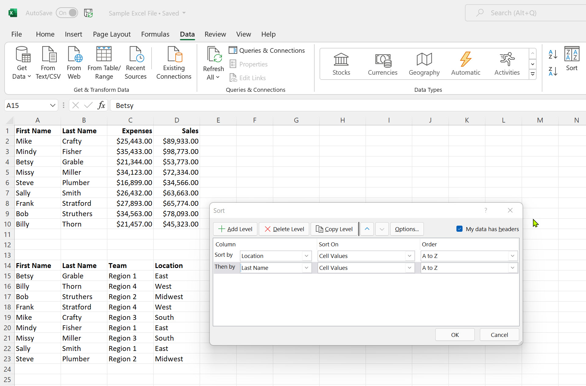 گزینه های مرتب سازی انتخاب شده در Microsoft Excel.