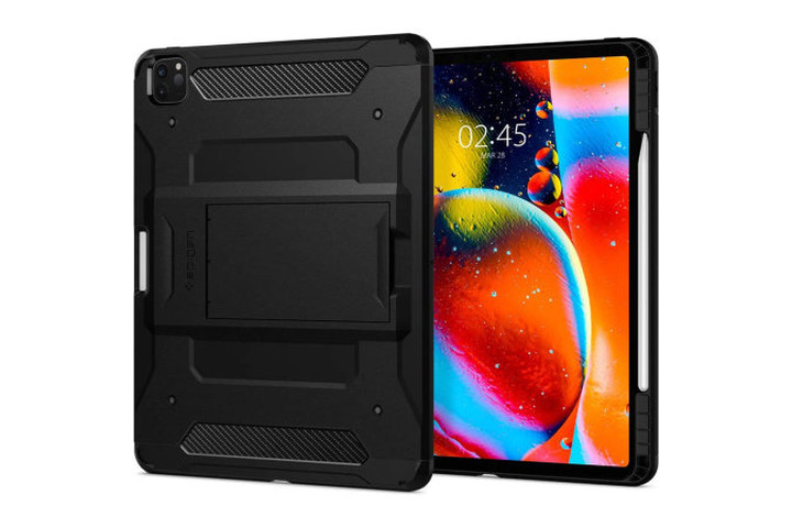 the ipad air 5 in spigen's tough armor pro case in black, showing the extreme, rugged level of protection on offer from the front and back of the case.