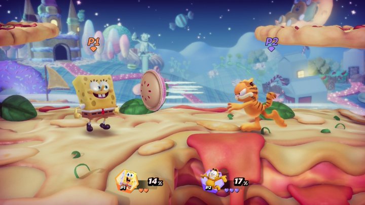 Nickelodeon All-Star Brawl screenshot of Garfield fighting Spongebob.