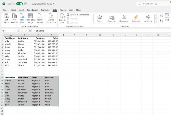 Table sorted by options in Microsoft Excel.