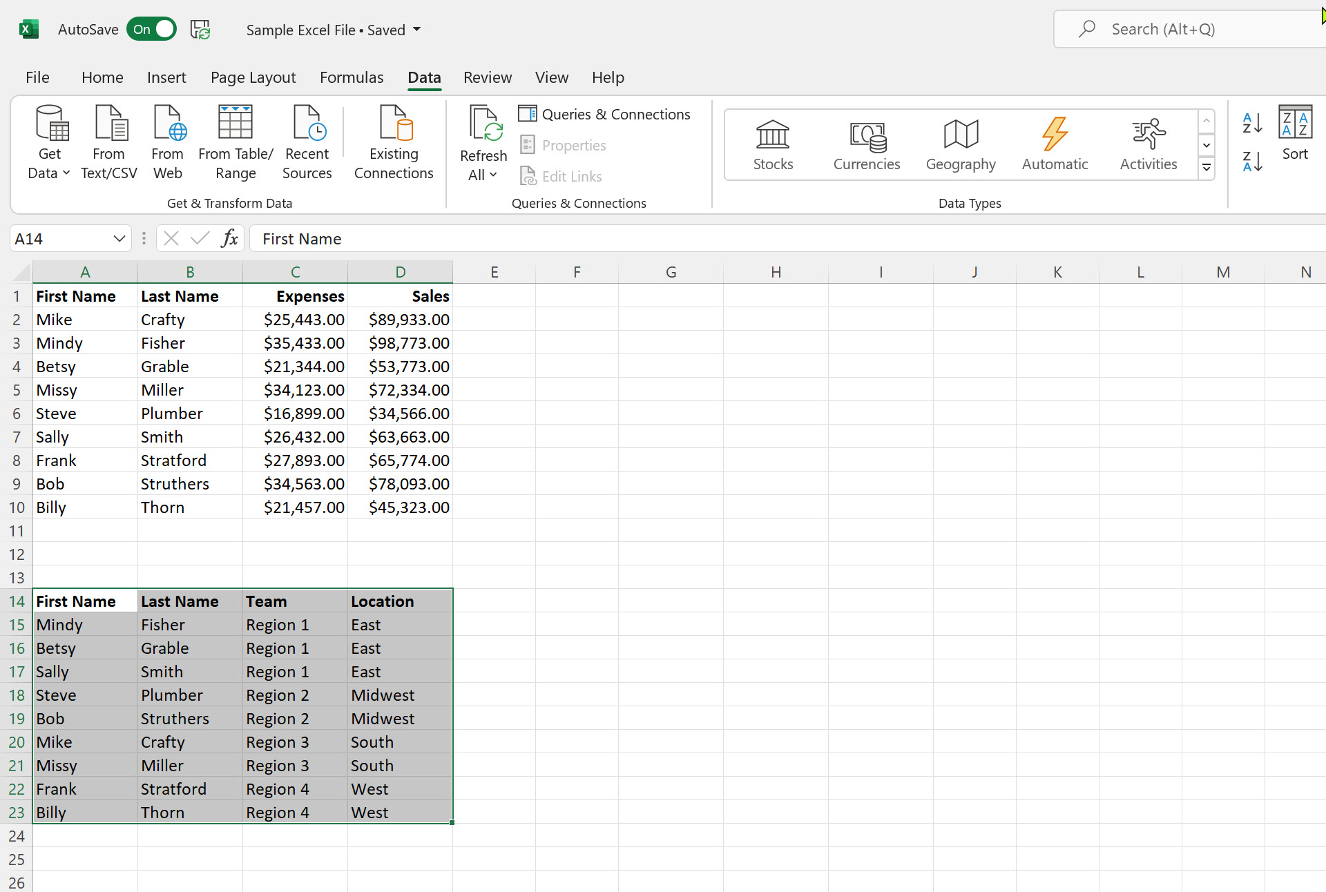 Tabella ordinata per opzioni in Microsoft Excel.