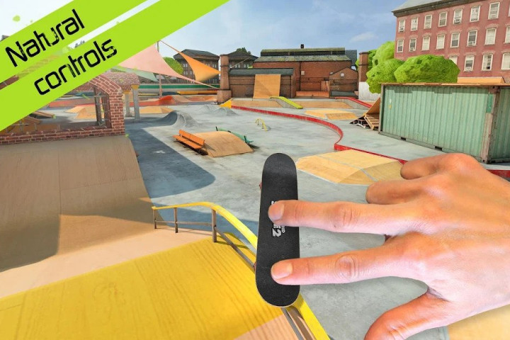 Touchgrind Skate 2 showing a hand demonstrating the intricate controls.