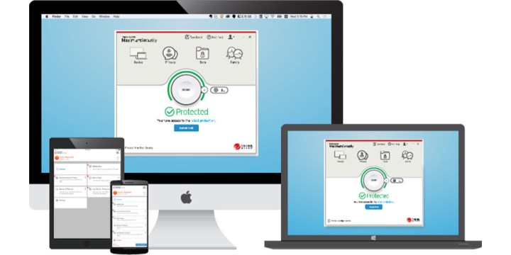 Immagini di Trend Micro Premium Security Suite visualizzate sullo schermo di un Mac, smartphone e laptop.