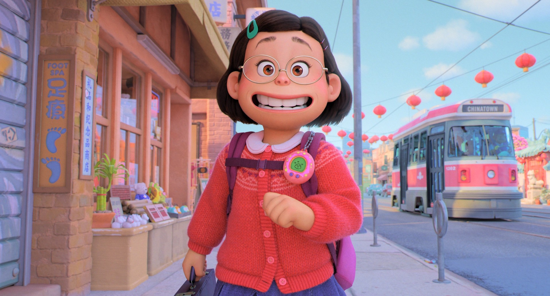 Mei walks down the street in a scene from "Turning Red."