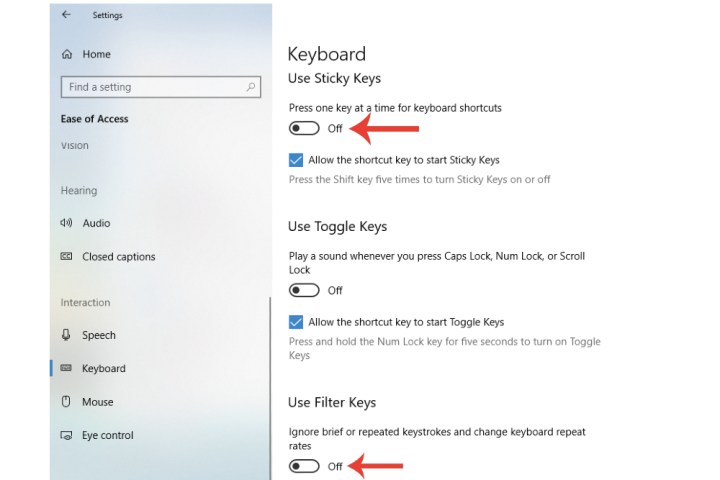 The Sticky and Filter Keys on/off button in Windows 10.