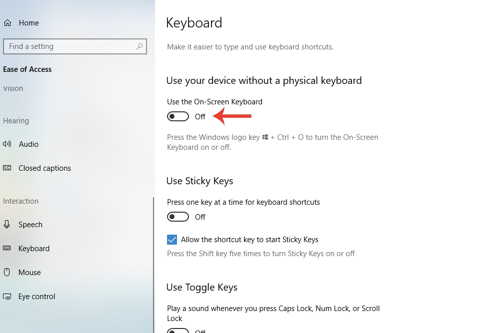 The option to enable an on-screen keyboard feature in Windows 10.