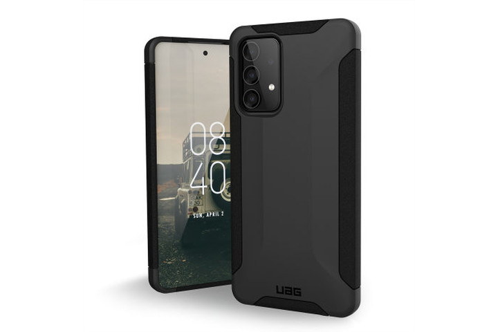 Front and back view of the Urban Armor Gear Scout Case in black on the Samsung Galaxy A53, showing off its sleek protection.