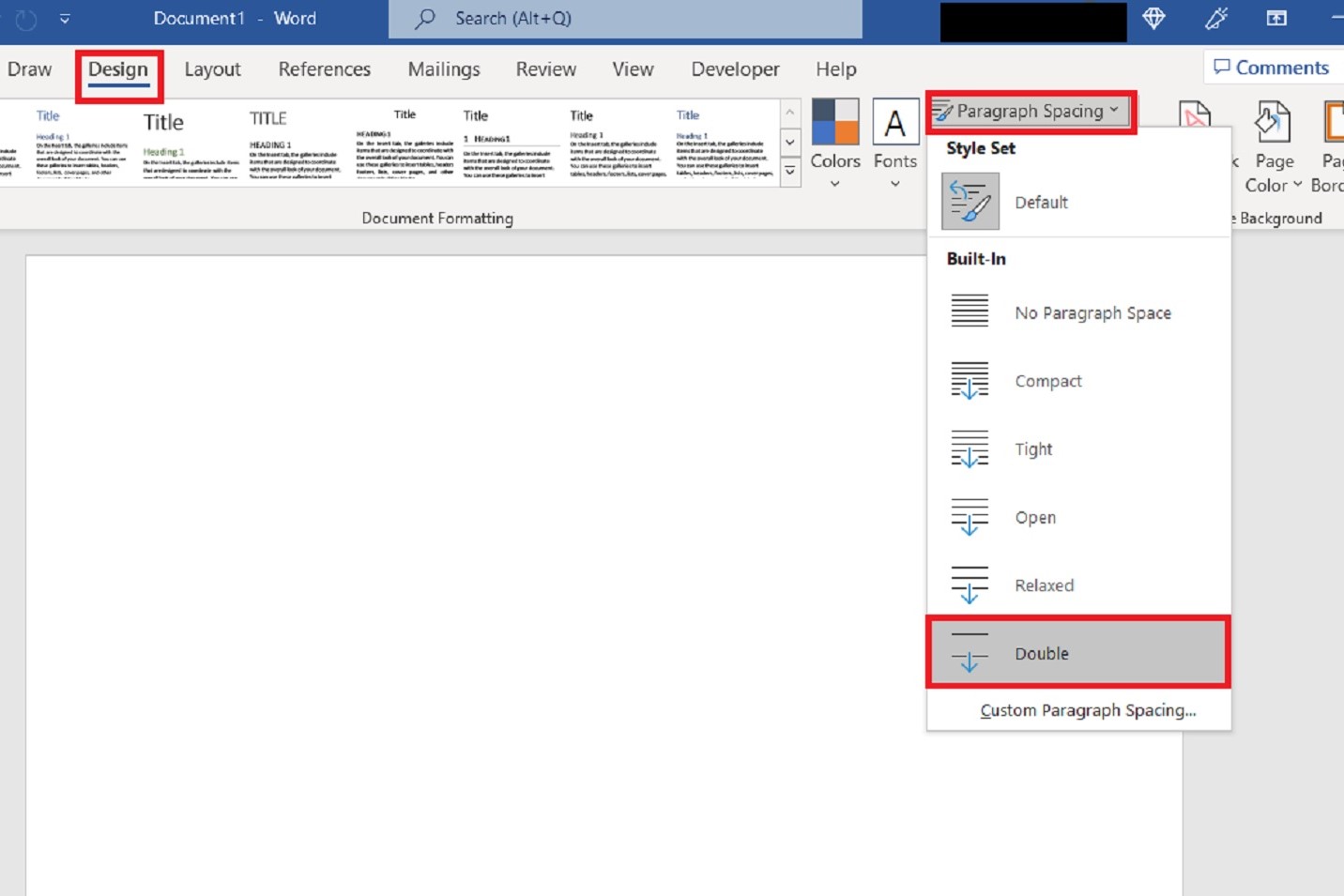 Microsoft Word दस्तावेज़ में स्थान दोगुना करने के लिए डिज़ाइन टैब का उपयोग करना।