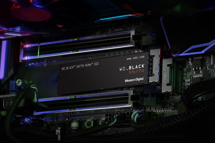 The WD Black SN770 gaming SSD installed in a computer.